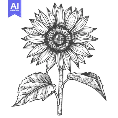 Aset desain premium: Hand-Drawn Black and White Illustration of a Sunflower