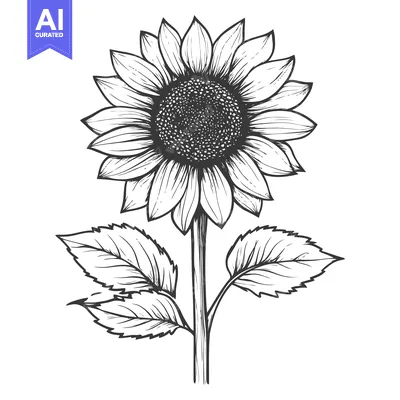 Aset desain premium: Hand-Drawn Black and White Illustration of a Sunflower with Leaves