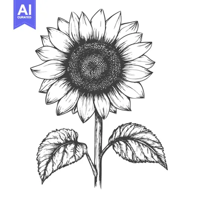 Aset desain premium: Hand-Drawn Black and White Illustration of a Sunflower with Two Leaves