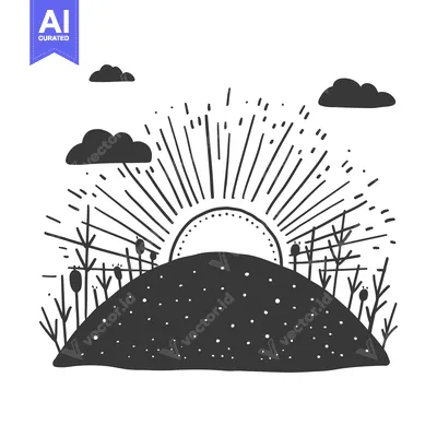 Aset premium populer: Hand-drawn black and white illustration of a sunrise over a hill with