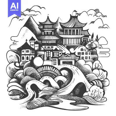 Aset desain premium: Hand-Drawn Black and White Illustration of a Traditional Asian Citysca