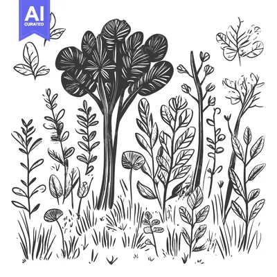 Aset premium populer: Hand-Drawn Black and White Illustration of a Tree and Various Plants