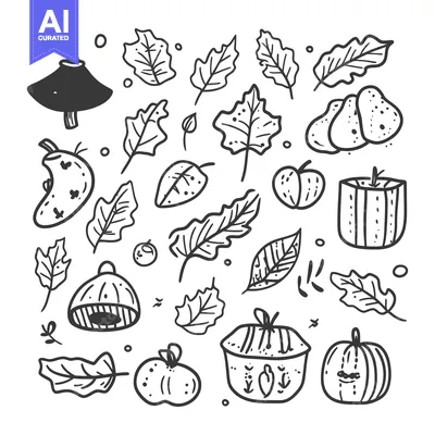 Aset desain premium: Hand-Drawn Black and White Illustration of Autumn Harvest Items