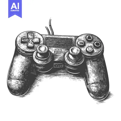 Premium design asset: Hand-drawn black and white illustration of a video game controller