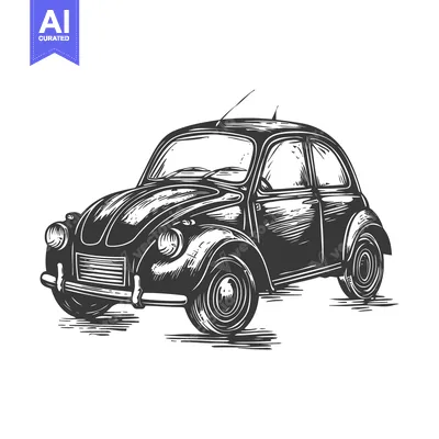 Hand-drawn black and white illustration of a vintage car