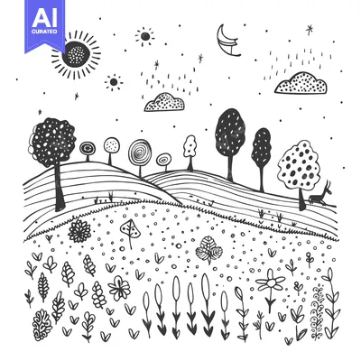 Aset premium populer: Hand-drawn black and white illustration of a whimsical landscape with