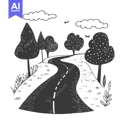 Popular premium asset: Hand-Drawn Black and White Illustration of a Winding Road Through a Fo
