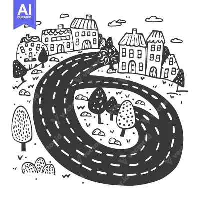 Aset desain premium: Hand-drawn black and white illustration of a winding road through a vi