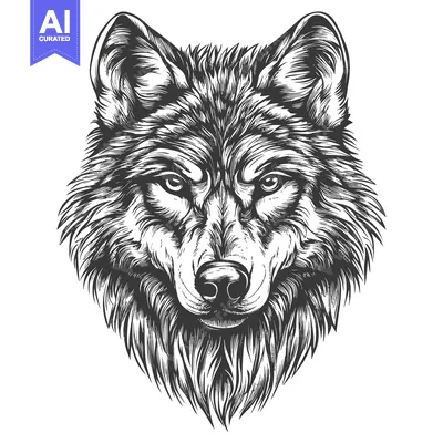 Aset desain premium: Hand-Drawn Black and White Illustration of a Wolf's Head