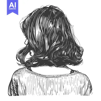 Aset desain premium: Hand-Drawn Black and White Illustration of a Woman's Back with Wavy Ha