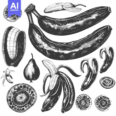 Aset desain premium: Hand-drawn Black and White Illustration of Bananas, Pears, and Slices