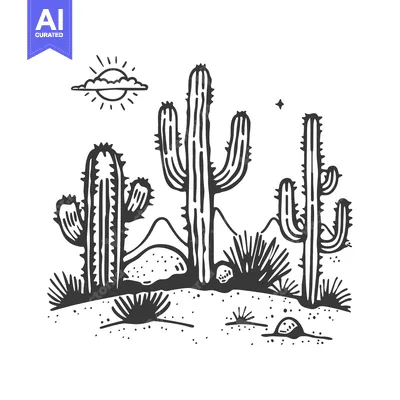 Aset desain premium: Hand-Drawn Black and White Illustration of Cacti in a Desert Landscape