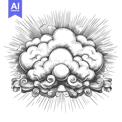 Aset premium populer: Hand-drawn Black and White Illustration of Clouds with Sun Rays