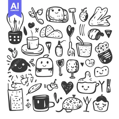 Aset premium populer: Hand-Drawn Black and White Illustration of Cute Characters and Objects