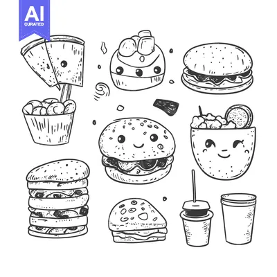 Aset desain premium: Hand-Drawn Black and White Illustration of Cute Food Items