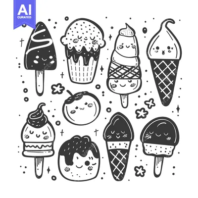 Premium design asset: Hand-Drawn Black and White Illustration of Cute Ice Cream and Other Fr