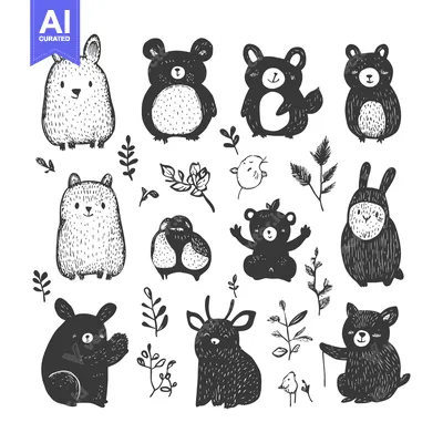 Aset premium populer: Hand-drawn black and white illustration of cute woodland animals and p