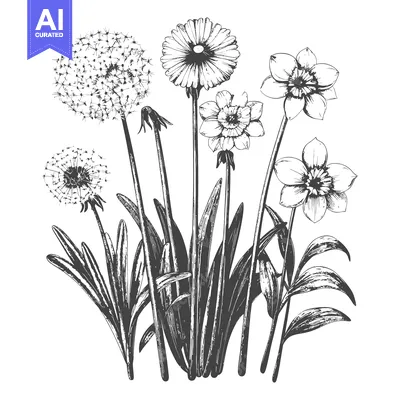 Aset premium populer: Hand-drawn Black and White Illustration of Dandelion and Daffodils