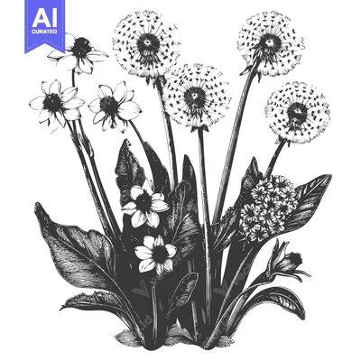 Popular premium asset: Hand-Drawn Black and White Illustration of Dandelions and Flowers