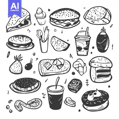 Hand-Drawn Black and White Illustration of Fast Food and Drinks