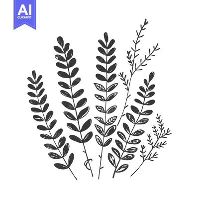 Premium design asset: Hand-drawn Black and White Illustration of Five Plant Stems with Leave