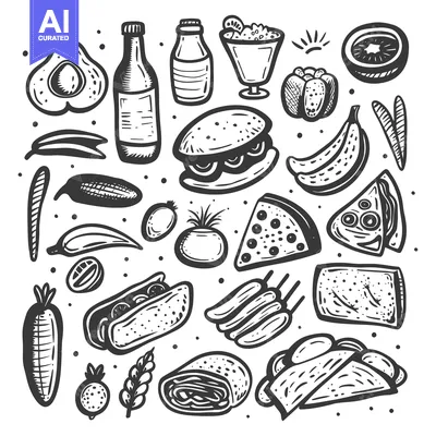 Aset premium populer: Hand-Drawn Black and White Illustration of Food Items