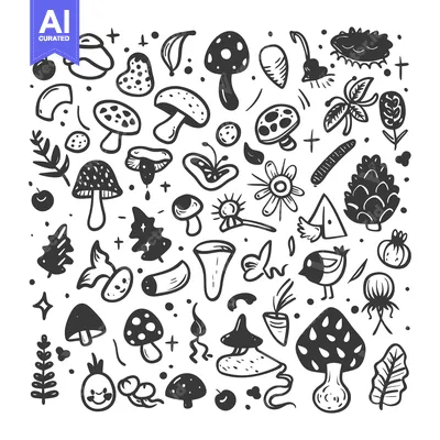 Aset desain premium: Hand-drawn Black and White Illustration of Forest Elements