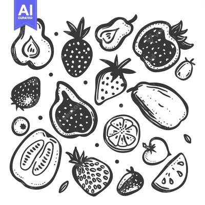 Hand-Drawn Black and White Illustration of Fruits