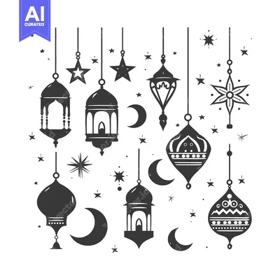 Hand-drawn black and white illustration of hanging lanterns, stars, an