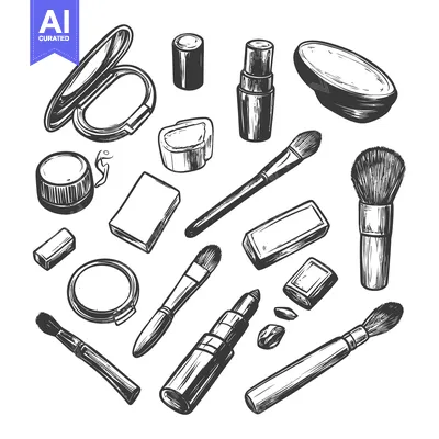Premium design asset: Hand-Drawn Black and White Illustration of Makeup Tools
