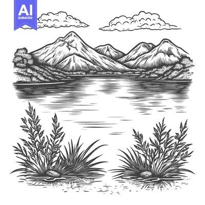 Aset premium populer: Hand-Drawn Black and White Illustration of Mountains, Lake, and Grass