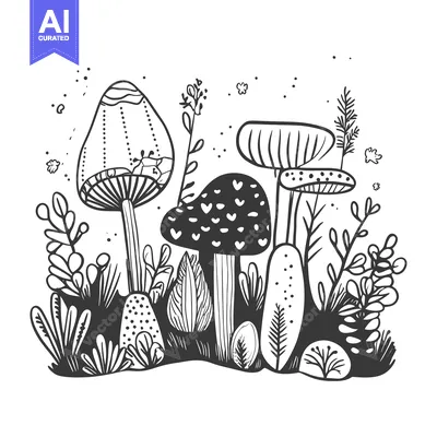 Premium design asset: Hand-Drawn Black and White Illustration of Mushrooms and Foliage