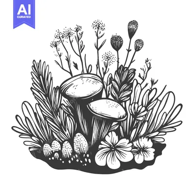 Popular premium asset: Hand-drawn black and white illustration of mushrooms, flowers, and pla