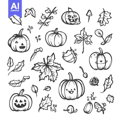 Aset premium populer: Hand-Drawn Black and White Illustration of Pumpkins and Leaves