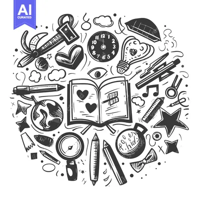Popular premium asset: Hand-Drawn Black and White Illustration of School Supplies and Other O
