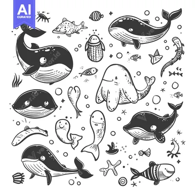 Premium design asset: Hand-Drawn Black and White Illustration of Sea Creatures