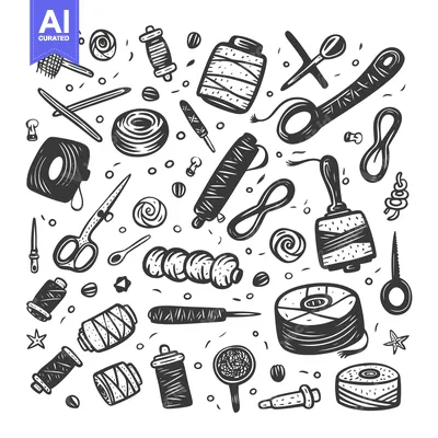 Hand-Drawn Black and White Illustration of Sewing and Crafting Supplie