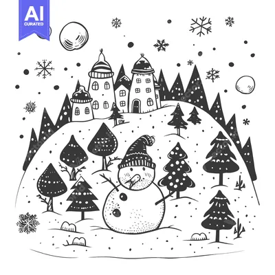 Aset premium populer: Hand-drawn black and white illustration of a snowman in a winter villa