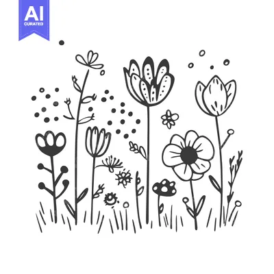 Aset premium populer: Hand-drawn black and white illustration of stylized flowers with dots