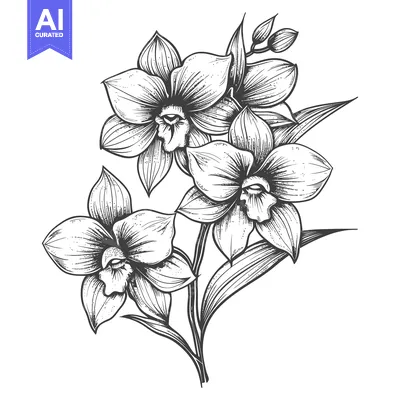 Popular premium asset: Hand-drawn black and white illustration of three orchid flowers with l