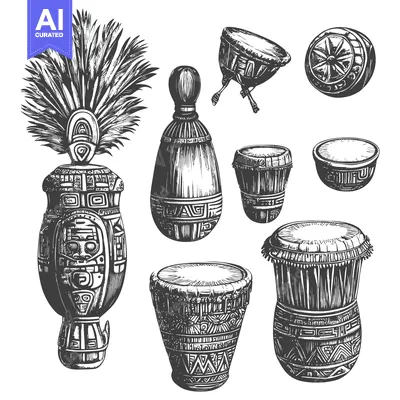 Aset premium populer: Hand-Drawn Black and White Illustration of Traditional Indigenous Inst