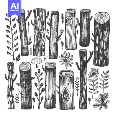 Aset desain premium: Hand-Drawn Black and White Illustration of Tree Trunks, Branches, and