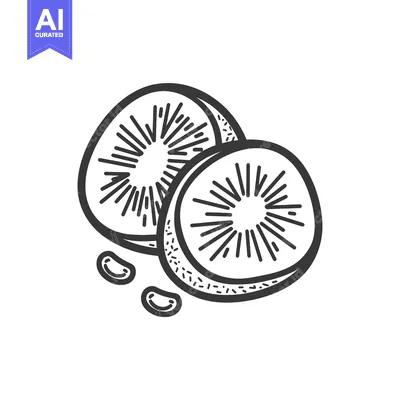 Aset desain premium: Hand-Drawn Black and White Illustration of Two Kiwi Fruit Slices and S