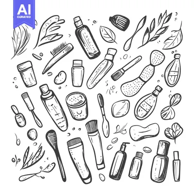 Aset desain premium: Hand-drawn black and white illustration of various beauty products and