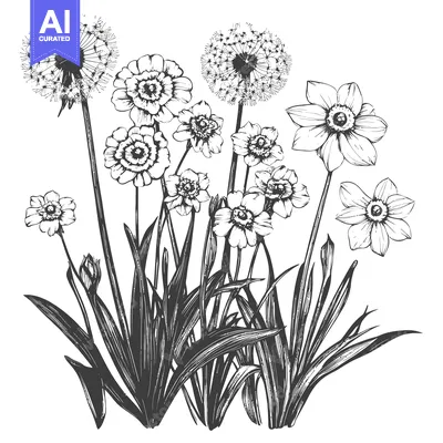 Aset desain premium: Hand-drawn black and white illustration of various blooming flowers an