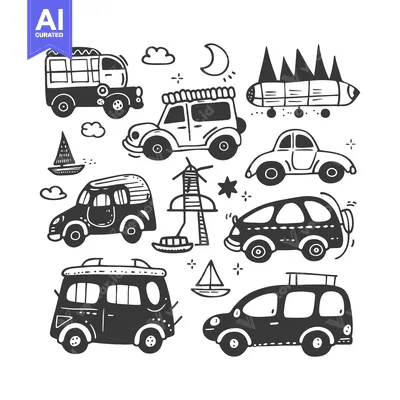 Aset premium populer: Hand-Drawn Black and White Illustration of Various Cars and Transporta