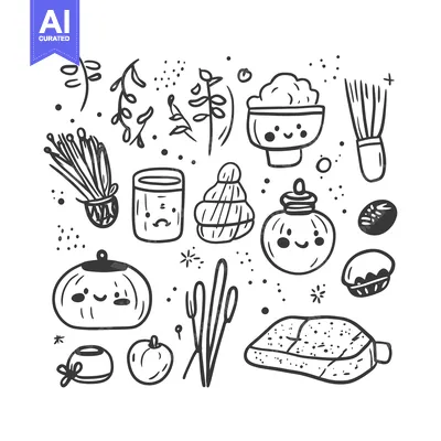Premium design asset: Hand-drawn Black and White Illustration of Various Cute Objects with F