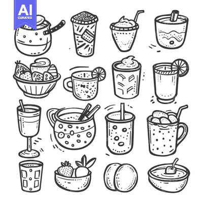 Popular premium asset: Hand-Drawn Black and White Illustration of Various Drinks and Fruit