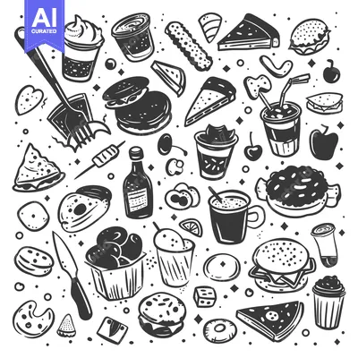 Hand-drawn Black and White Illustration of Various Food and Drink Item