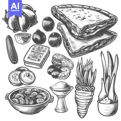 Aset desain premium: Hand-Drawn Black and White Illustration of Various Food and Plant Item